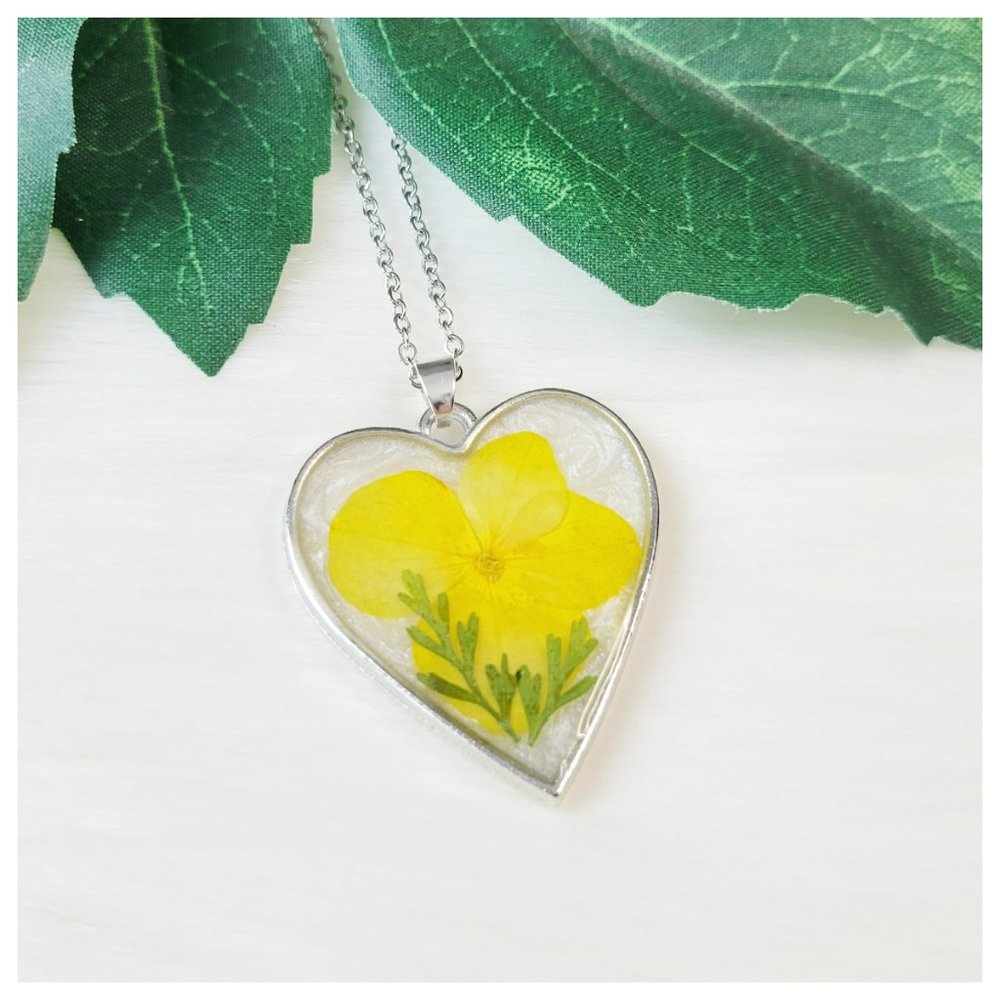 Floral Heart Necklace Pressed Dried Flower Yellow Green White and Silver Pendent